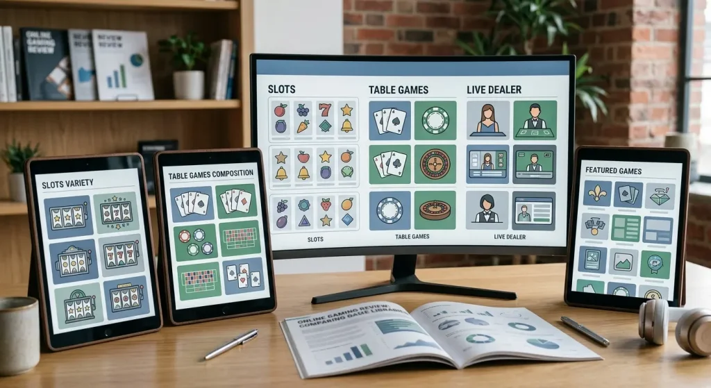 Editorial illustration of a varied online casino game library with slot reels and live table elements