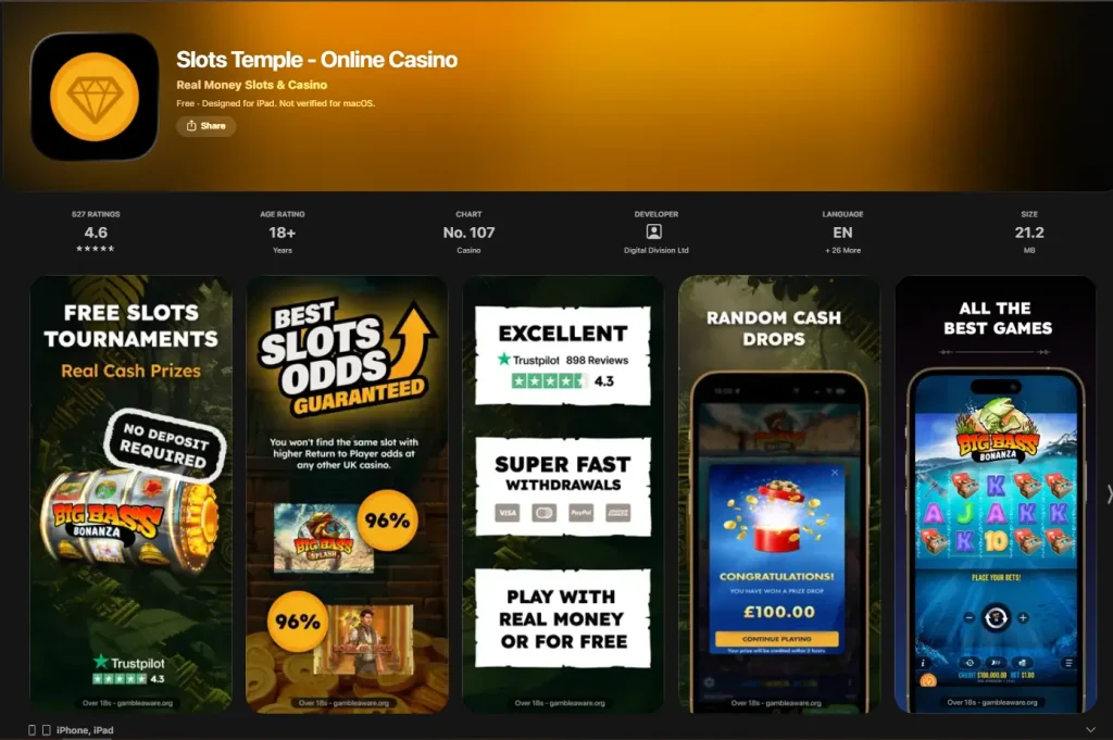 Slots Temple official UK App Store listing on a mobile device