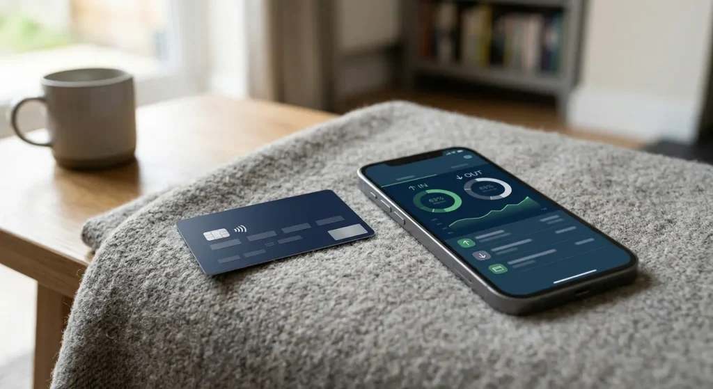 Editorial illustration of debit-card casino banking in pounds