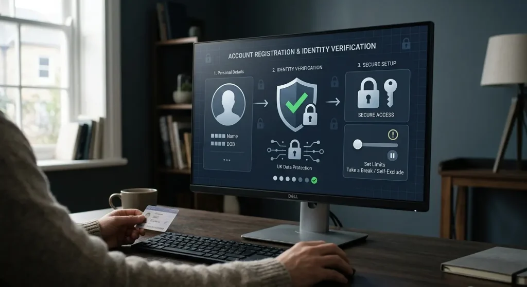Editorial illustration of secure online account verification for a UK casino player