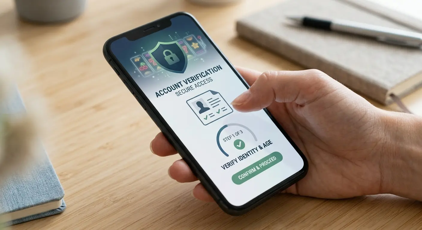 Editorial illustration of mobile casino access and account verification in the UK
